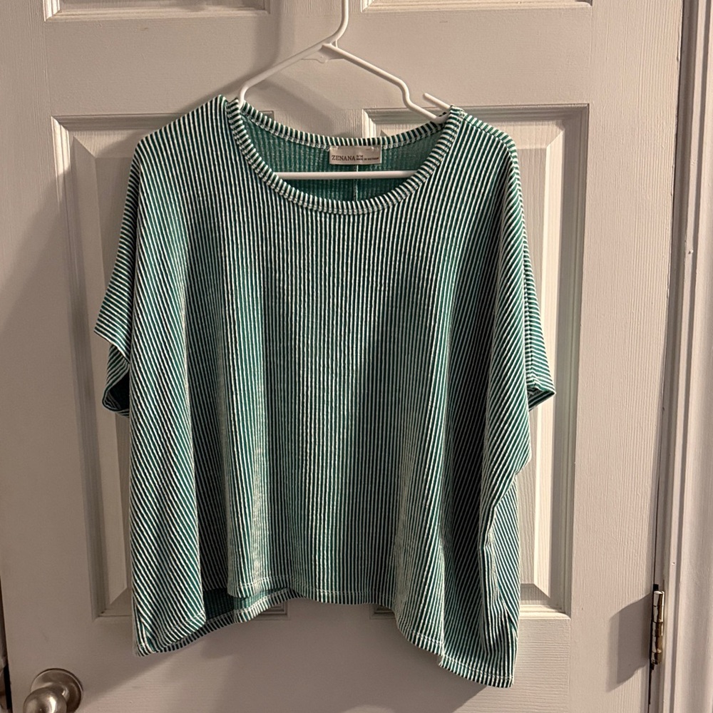 Zenana Outfitters Green Striped Short Sleeve Top